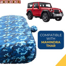 Autofact Thar Car Cover - TearTough - Dog Proof / Waterproof Car Body Cover for Mahindra Thar - With Mirror Pockets, Triple Stitched, Bottom Fully Elastic, Adjustable Belt and Buckle (Airforce Blue 4x4)