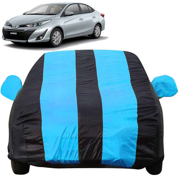 Autofact Yaris Car Cover - EasyShield - Car Body Cover for Toyota Yaris - With Mirror Pockets, Triple Stitched, Bottom Fully Elastic, Adjustable Belt and Buckle (Teak Blue Stripes)