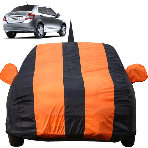 Autofact Swift Dzire 2012 to 2016 Car Cover - EasyShield - Car Body Cover for Maruti Swift Dzire 2012 to 2016 - With Mirror Pockets, Triple Stitched, Bottom Fully Elastic, Adjustable Belt and Buckle (Orange Blue Stripes)