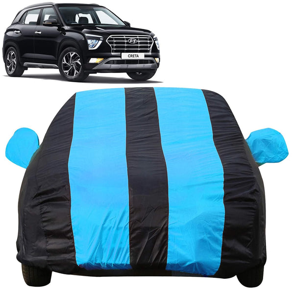 Autofact Creta New Car Cover - EasyShield - Waterproof Car Body Cover for Hyundai Creta New - With Mirror Pockets, Triple Stitched, Bottom Fully Elastic, Adjustable Belt and Buckle (Teak Blue Stripes)