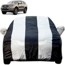 Autofact Endeavour Car Cover - EasyShield - Car Body Cover for Ford Endeavour - With Mirror Pockets, Triple Stitched, Bottom Fully Elastic, Adjustable Belt and Buckle (White Blue Stripes)