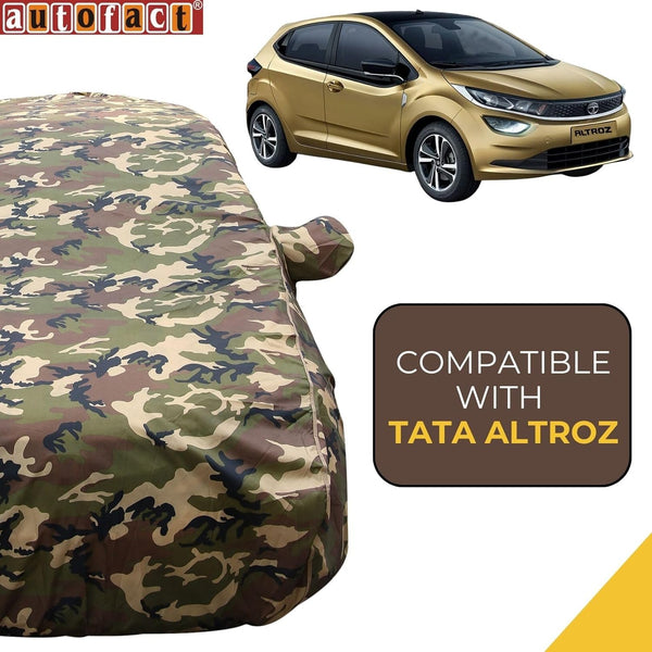Autofact Altroz Car Cover - TearTough - Dog Proof / Waterproof Car Body Cover for Tata Altroz - With Mirror Pockets, Triple Stitched, Bottom Fully Elastic, Adjustable Belt and Buckle (Jungle Print 4x4)