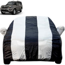 Autofact Scorpio Car Cover - EasyShield - Car Body Cover for Mahindra Scorpio - With Mirror Pockets, Triple Stitched, Bottom Fully Elastic, Adjustable Belt and Buckle (White Blue Stripes)