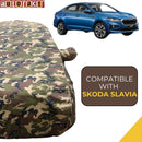 Autofact Slavia Car Cover - TearTough - Dog Proof / Waterproof Car Body Cover for Skoda Slavia - With Mirror Pockets, Triple Stitched, Bottom Fully Elastic, Adjustable Belt and Buckle (Jungle Print 4x4)