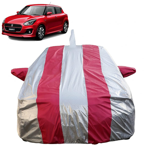 Autofact Swift Car Cover - FlexGuard - Waterproof Car Body Cover for Maruti Swift - With Mirror & Antenna Pockets, Triple Stitched, Bottom Fully Elastic, Adjustable Belt and Buckle (Silver / Pink Stripes)