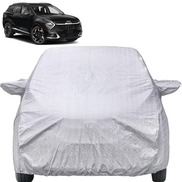 Autofact Sportage Car Cover - FlexGuard - Waterproof Car Body Cover for Kia Sportage - With Mirror Pockets, Triple Stitched, Bottom Fully Elastic, Adjustable Belt and Buckle (Silver)