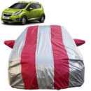 Autofact Beat Car Cover - FlexGuard - Waterproof Car Body Cover for Chevrolet Beat - With Mirror Pockets, Triple Stitched, Bottom Fully Elastic, Adjustable Belt and Buckle (Silver / Pink Stripes)
