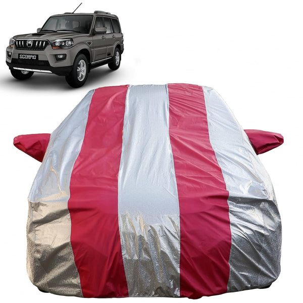 Autofact Scorpio Car Cover - FlexGuard - Waterproof Car Body Cover for Mahindra Scorpio - With Mirror Pockets, Triple Stitched, Bottom Fully Elastic, Adjustable Belt and Buckle (Silver / Pink Stripes)
