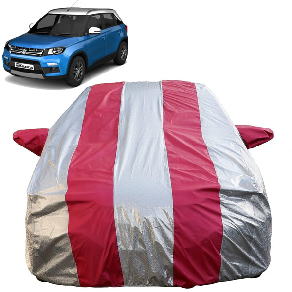 Autofact Brezza Car Cover - FlexGuard - Waterproof Car Body Cover for Maruti Brezza - With Mirror Pockets, Triple Stitched, Bottom Fully Elastic, Adjustable Belt and Buckle (Silver / Pink Stripes)