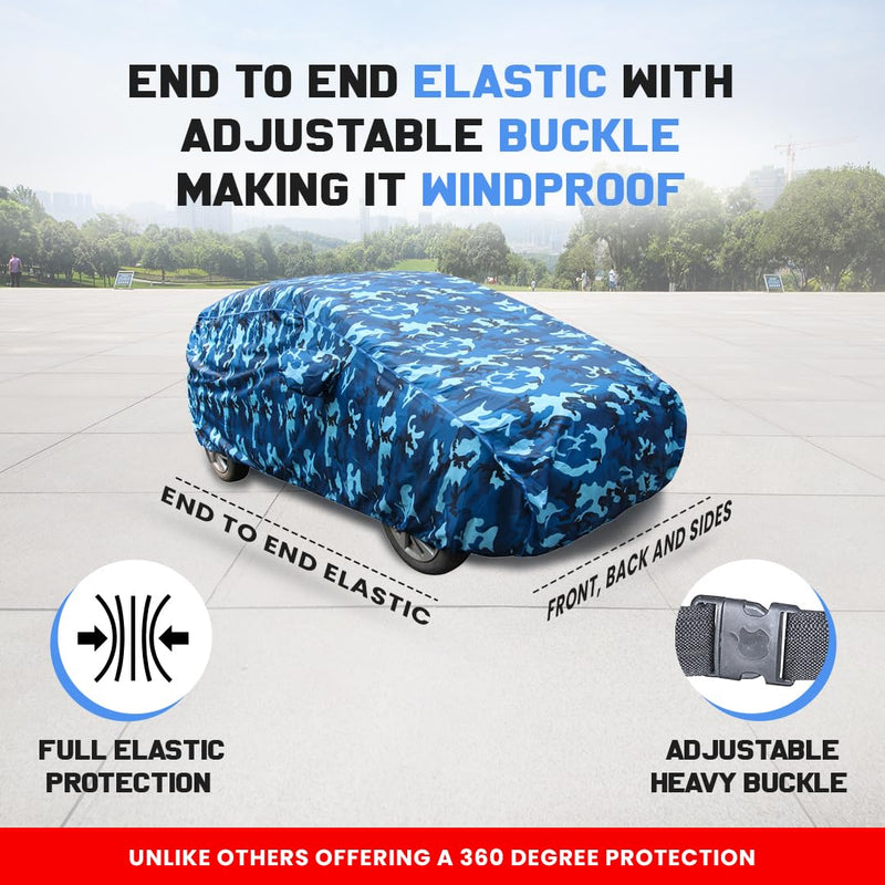 Autofact Wagon r / Wagonr Car Cover - TearTough - Dog Proof / Waterproof Car Body Cover for Maruti Wagon r / Wagonr - With Mirror Pockets, Triple Stitched, Bottom Fully Elastic, Adjustable Belt and Buckle (Airforce Blue 4x4)