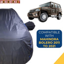 Autofact Bolero Car Cover - CoreProtect - Water Resistant Car Body Cover for Mahindra Bolero - With Mirror Pockets, Triple Stitched, Bottom Fully Elastic, Adjustable Belt and Buckle (Grey 210D)