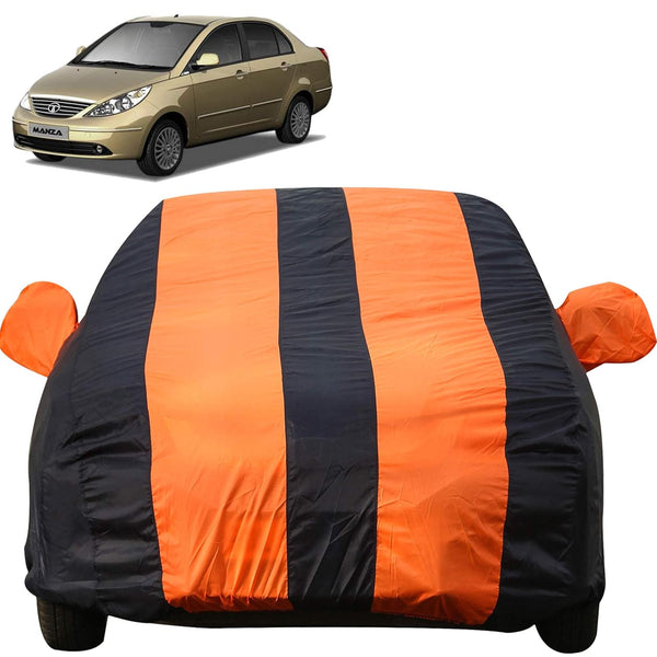 Autofact Manza Car Cover - EasyShield - Car Body Cover for Tata Manza - With Mirror Pockets, Triple Stitched, Bottom Fully Elastic, Adjustable Belt and Buckle (Orange Blue Stripes)