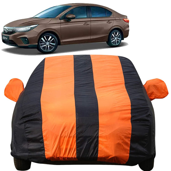 Autofact New City Car Cover - EasyShield - Car Body Cover for Honda New City - With Mirror Pockets, Triple Stitched, Bottom Fully Elastic, Adjustable Belt and Buckle (Orange Blue Stripes)