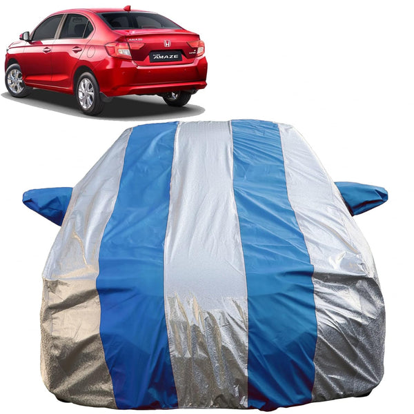 Autofact Amaze New Model Car Cover - FlexGuard - Waterproof Car Body Cover for Honda Amaze New Model - With Mirror Pockets, Triple Stitched, Bottom Fully Elastic, Adjustable Belt and Buckle (Silver / Blue Stripes)