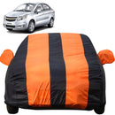Autofact Sail Car Cover - EasyShield - Car Body Cover for Chevrolet Sail - With Mirror Pockets, Triple Stitched, Bottom Fully Elastic, Adjustable Belt and Buckle (Orange Blue Stripes)