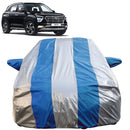 Autofact Alcazar Car Cover - FlexGuard - Waterproof Car Body Cover for Hyundai Alcazar - With Mirror Pockets, Triple Stitched, Bottom Fully Elastic, Adjustable Belt and Buckle (Silver / Blue Stripes)