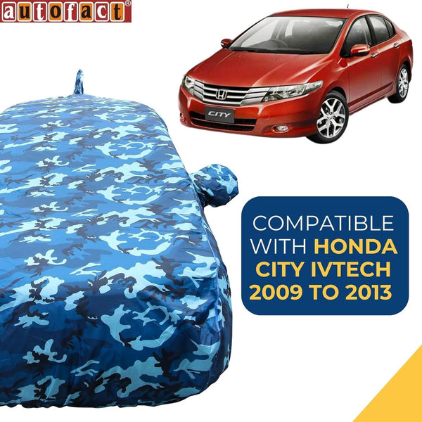 Autofact City Ivtech Car Cover - TearTough - Dog Proof / Waterproof Car Body Cover for Honda City Ivtech - With Mirror & Antenna Pockets, Triple Stitched, Bottom Fully Elastic, Adjustable Belt and Buckle (Airforce Blue 4x4)