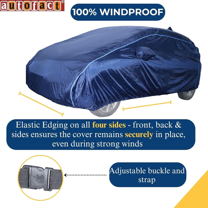 Autofact Wagon r / Wagonr Car Cover - CoreProtect - Water Resistant Car Body Cover for Maruti Wagon r / Wagonr - With Mirror Pockets, Triple Stitched, Bottom Fully Elastic, Adjustable Belt and Buckle (Navy 210D)