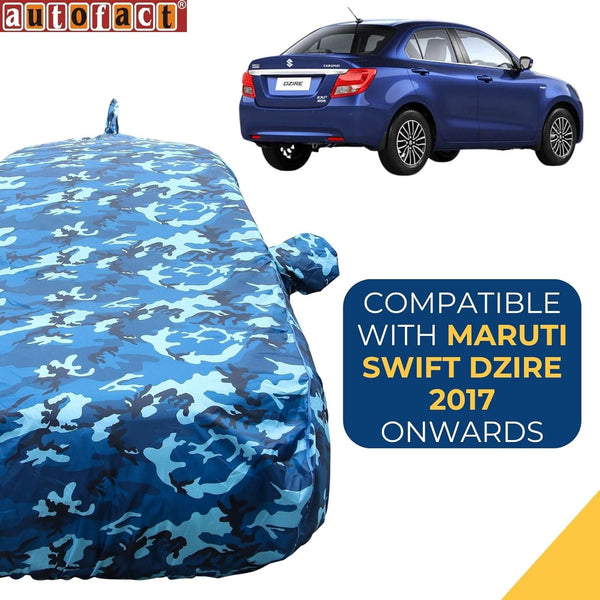 Autofact Swift Dzire New Model Car Cover - TearTough - Dog Proof / Waterproof Car Body Cover for Maruti Swift Dzire New Model - With Mirror & Antenna Pockets, Triple Stitched, Bottom Fully Elastic, Adjustable Belt and Buckle (Airforce Blue 4x4)