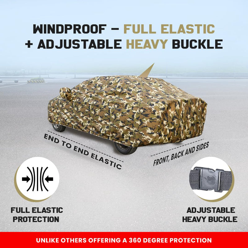 Autofact Swift Car Cover - FlexGuard - Waterproof Car Body Cover for Maruti Swift - With Mirror & Antenna Pockets, Triple Stitched, Bottom Fully Elastic, Adjustable Belt and Buckle (Camouflage)