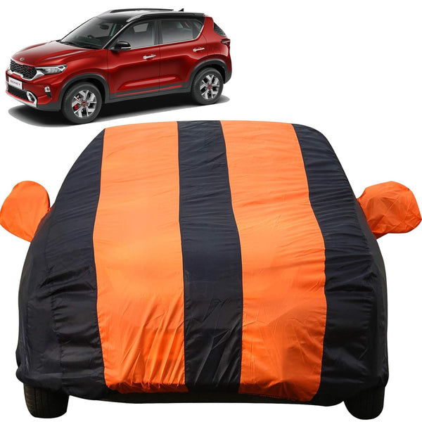Autofact Sonet Car Cover - EasyShield - Car Body Cover for Kia Sonet - With Mirror Pockets, Triple Stitched, Bottom Fully Elastic, Adjustable Belt and Buckle (Orange Blue Stripes)