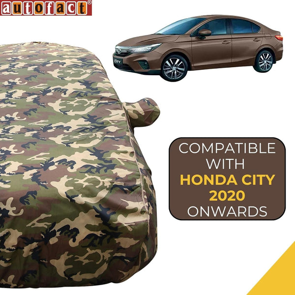 Autofact New City Car Cover - TearTough - Dog Proof / Waterproof Car Body Cover for Honda New City - With Mirror Pockets, Triple Stitched, Bottom Fully Elastic, Adjustable Belt and Buckle (Jungle Print 4x4)