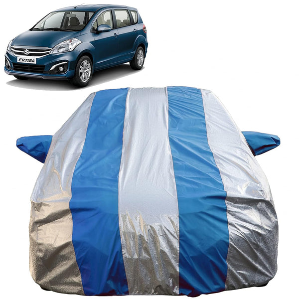 Autofact Ertiga Car Cover - FlexGuard - Waterproof Car Body Cover for Maruti Ertiga - With Mirror Pockets, Triple Stitched, Bottom Fully Elastic, Adjustable Belt and Buckle (Silver / Blue Stripes)