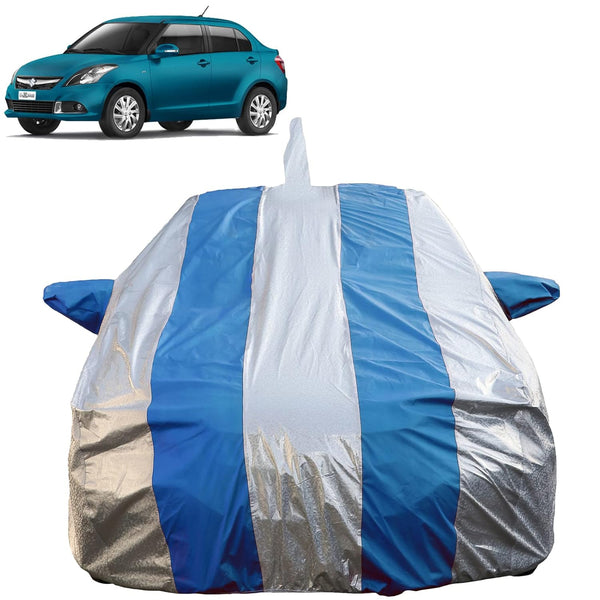 Autofact Swift Dzire 2012 to 2016 Car Cover - FlexGuard - Waterproof Car Body Cover for Maruti Swift Dzire 2012 to 2016 - With Mirror & Antenna Pockets, Triple Stitched, Bottom Fully Elastic, Adjustable Belt and Buckle (Silver / Blue Stripes)