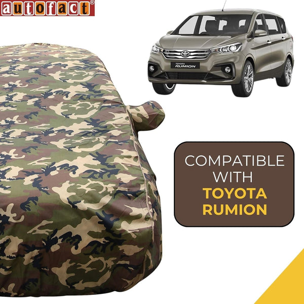 Autofact Rumion Car Cover - TearTough - Dog Proof / Waterproof Car Body Cover for Toyota Rumion - With Mirror Pockets, Triple Stitched, Bottom Fully Elastic, Adjustable Belt and Buckle (Jungle Print 4x4)
