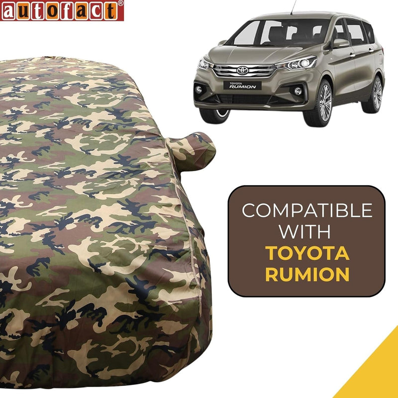 Autofact Rumion Car Cover - TearTough - Dog Proof / Waterproof Car Body Cover for Toyota Rumion - With Mirror Pockets, Triple Stitched, Bottom Fully Elastic, Adjustable Belt and Buckle (Jungle Print 4x4)
