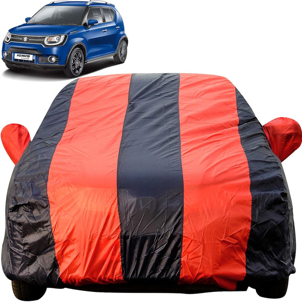 Autofact Ignis Car Cover - EasyShield - Car Body Cover for Maruti Ignis  - With Mirror & Antenna Pockets, Triple Stitched, Bottom Fully Elastic, Adjustable Belt and Buckle (Red Blue Stripes)