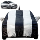 Autofact Xcent Car Cover - EasyShield - Car Body Cover for Hyundai Xcent - With Mirror Pockets, Triple Stitched, Bottom Fully Elastic, Adjustable Belt and Buckle (White Blue Stripes)