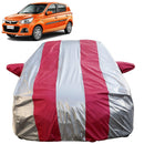 Autofact Alto K10 Old Model Car Cover - FlexGuard - Waterproof Car Body Cover for Maruti Alto K10 Old Model - With Mirror Pockets, Triple Stitched, Bottom Fully Elastic, Adjustable Belt and Buckle (Silver / Pink Stripes)