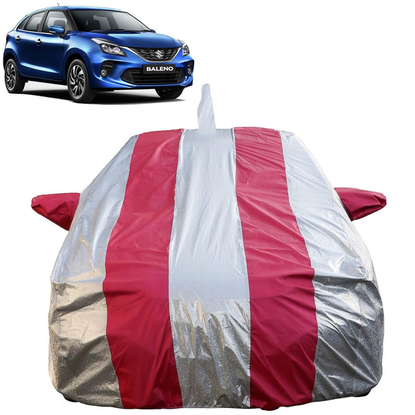 Autofact Baleno Car Cover - FlexGuard - Waterproof Car Body Cover for Maruti Baleno - With Mirror & Antenna Pockets, Triple Stitched, Bottom Fully Elastic, Adjustable Belt and Buckle (Silver / Pink Stripes)