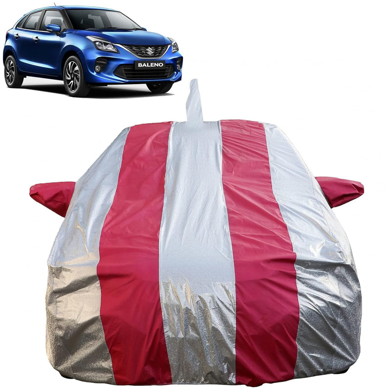Autofact Baleno Car Cover - FlexGuard - Waterproof Car Body Cover for Maruti Baleno - With Mirror & Antenna Pockets, Triple Stitched, Bottom Fully Elastic, Adjustable Belt and Buckle (Silver / Pink Stripes)