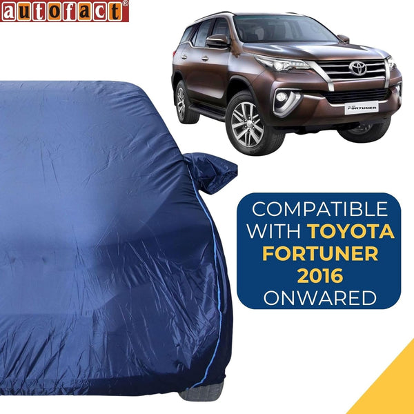 Autofact Fortuner Car Cover - CoreProtect - Water Resistant Car Body Cover for Toyota Fortuner - With Mirror Pockets, Triple Stitched, Bottom Fully Elastic, Adjustable Belt and Buckle (Navy 210D)