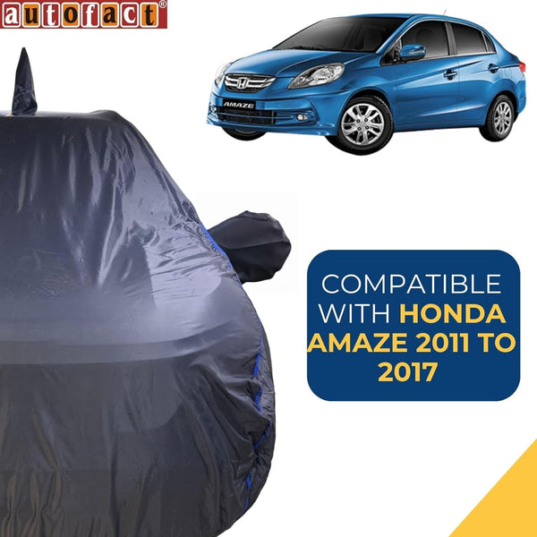 Autofact Amaze Old Model Car Cover - CoreProtect - Water Resistant Car Body Cover for Honda Amaze Old Model - With Mirror & Antenna Pockets, Triple Stitched, Bottom Fully Elastic, Adjustable Belt and Buckle (Grey 210D)
