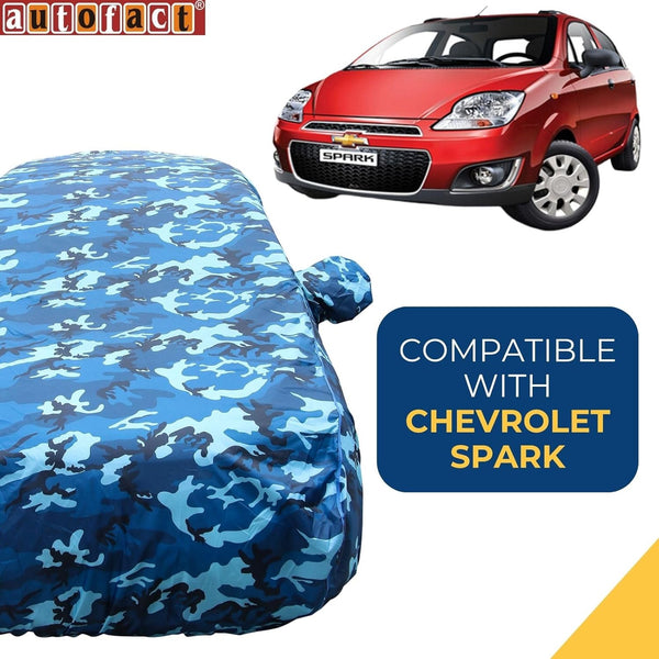 Autofact Spark Car Cover - TearTough - Dog Proof / Waterproof Car Body Cover for Chevrolet Spark - With Mirror Pockets, Triple Stitched, Bottom Fully Elastic, Adjustable Belt and Buckle (Airforce Blue 4x4)