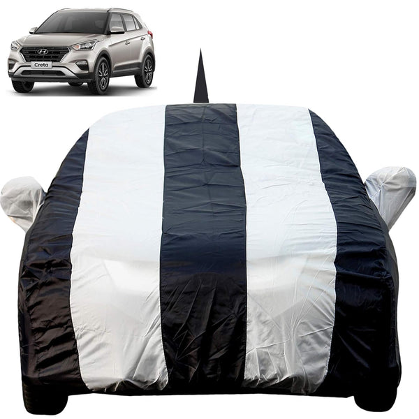 Autofact Creta New Car Cover - EasyShield - Waterproof Car Body Cover for Hyundai Creta New - With Mirror Pockets, Triple Stitched, Bottom Fully Elastic, Adjustable Belt and Buckle (White Blue Stripes)