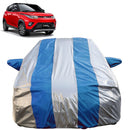 Autofact KUV100 Car Cover - FlexGuard - Waterproof Car Body Cover for Mahindra KUV100 - With Mirror Pockets, Triple Stitched, Bottom Fully Elastic, Adjustable Belt and Buckle (Silver / Blue Stripes)