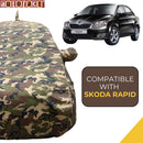 Autofact Rapid Car Cover - TearTough - Dog Proof / Waterproof Car Body Cover for Skoda Rapid - With Mirror & Antenna Pockets, Triple Stitched, Bottom Fully Elastic, Adjustable Belt and Buckle (Jungle Print 4x4)