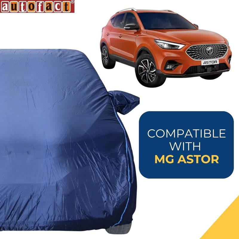 Autofact Astor Car Cover - CoreProtect - Water Resistant Car Body Cover for MG Astor - With Mirror Pockets, Triple Stitched, Bottom Fully Elastic, Adjustable Belt and Buckle (Navy 210D)