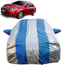 Autofact Aveo Car Cover - FlexGuard - Waterproof Car Body Cover for Chevrolet Aveo - With Mirror Pockets, Triple Stitched, Bottom Fully Elastic, Adjustable Belt and Buckle (Silver / Blue Stripes)