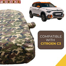 Autofact C3 Car Cover - TearTough - Dog Proof / Waterproof Car Body Cover for Citroen C3 - With Mirror Pockets, Triple Stitched, Bottom Fully Elastic, Adjustable Belt and Buckle (Jungle Print 4x4)