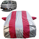 Autofact Van / Omni Car Cover - FlexGuard - Waterproof Car Body Cover for Maruti Van / Omni - With Mirror Pockets, Triple Stitched, Bottom Fully Elastic, Adjustable Belt and Buckle (Silver / Pink Stripes)