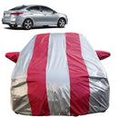 Autofact NexGen Verna Car Cover - FlexGuard - Waterproof Car Body Cover for Hyundai NexGen Verna - With Mirror Pockets, Triple Stitched, Bottom Fully Elastic, Adjustable Belt and Buckle (Silver / Pink Stripes)