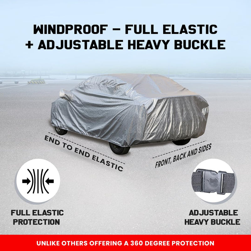 Autofact Wagon r / Wagonr Car Cover - FlexGuard - Waterproof Car Body Cover for Maruti Wagon r / Wagonr - With Mirror Pockets, Triple Stitched, Bottom Fully Elastic, Adjustable Belt and Buckle (Silver)