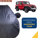 Autofact Thar Car Cover - CoreProtect - Water Resistant Car Body Cover for Mahindra Thar - With Mirror Pockets, Triple Stitched, Bottom Fully Elastic, Adjustable Belt and Buckle (Grey 210D)
