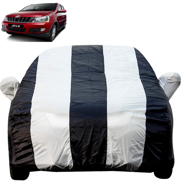 Autofact Xylo Car Cover - EasyShield - Car Body Cover for Mahindra Xylo - With Mirror Pockets, Triple Stitched, Bottom Fully Elastic, Adjustable Belt and Buckle (White Blue Stripes)