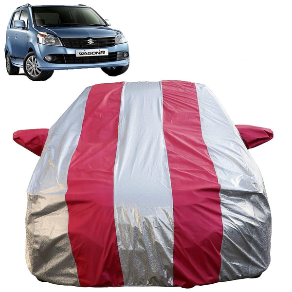 Autofact Wagon r / Wagonr Car Cover - FlexGuard - Waterproof Car Body Cover for Maruti Wagon r / Wagonr - With Mirror Pockets, Triple Stitched, Bottom Fully Elastic, Adjustable Belt and Buckle (Silver / Pink Stripes)